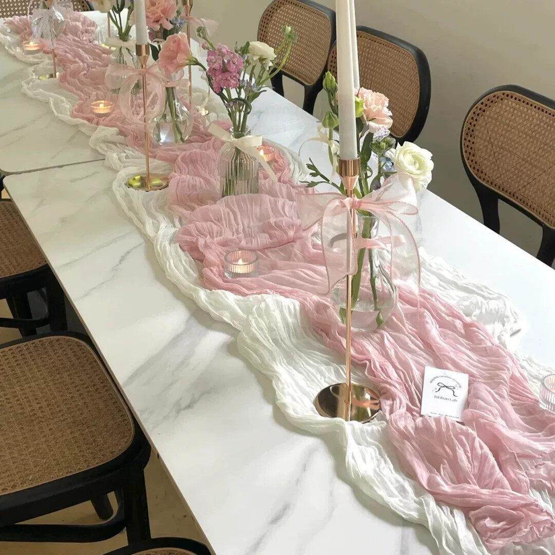 巴厘纱皱布粉色桌旗生日派对甜品台幼儿园活动餐桌巾婚礼装饰布