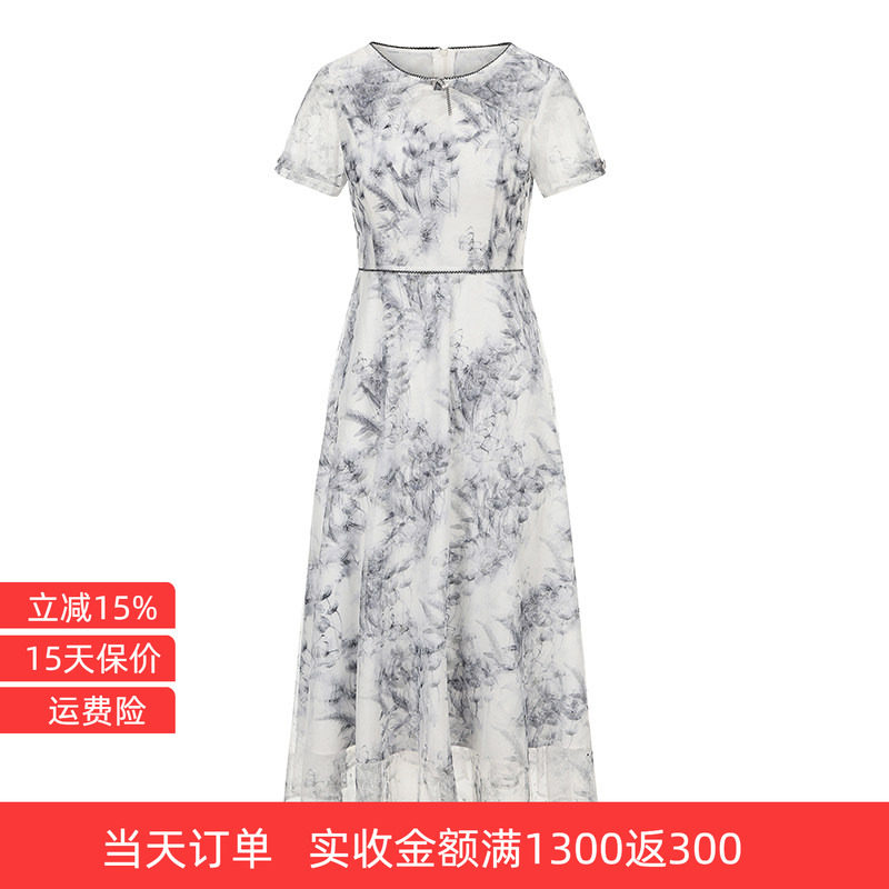 司歌网纱印花连衣群短袖圆领显瘦EA891341
