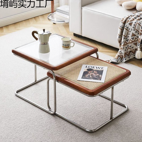 中古茶几客厅家用小户型茶台组合轻奢现代网红藤编简约不锈钢ins