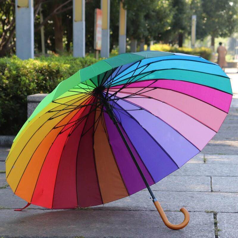 彩虹伞16骨加固长柄伞加大加厚双三人自动雨伞彩色广告伞晴雨两用