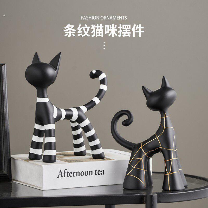 轻奢风条纹猫咪摆件树脂桌面装饰品客厅极简手绘套装