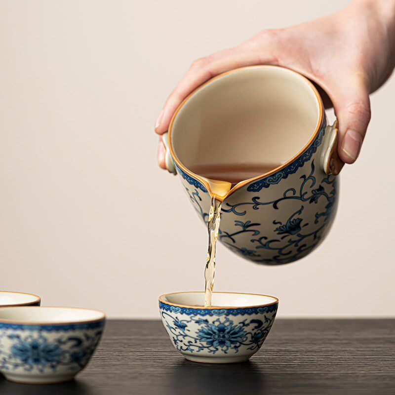繁花汝窑旅行茶具套装户外露营便携式喝茶装备陶瓷快客杯一壶四杯