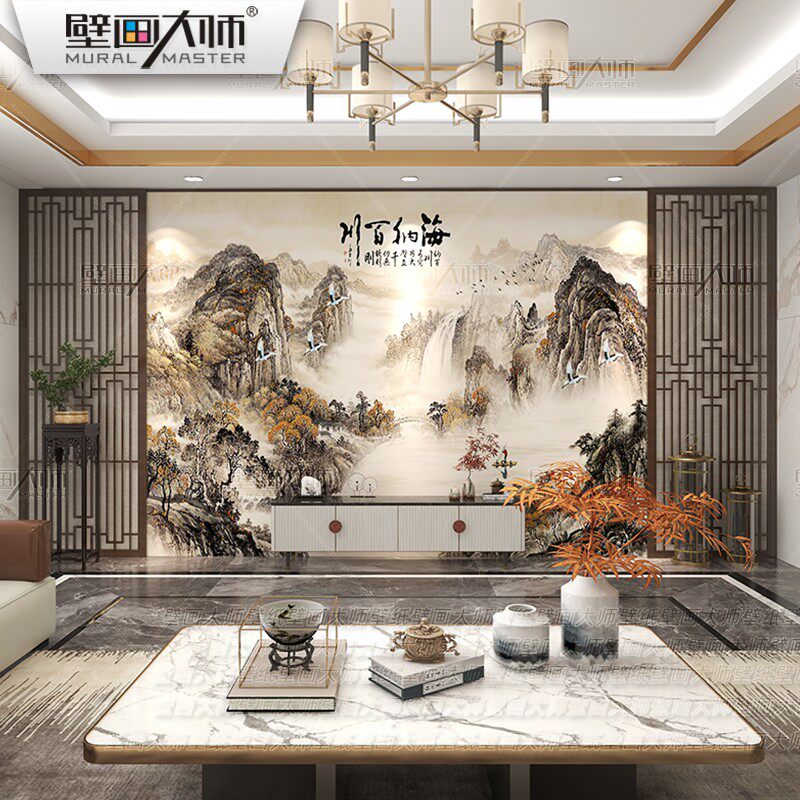 国画山水壁布新中式电视背景墙壁纸客厅影视墙布大气招财装饰壁画