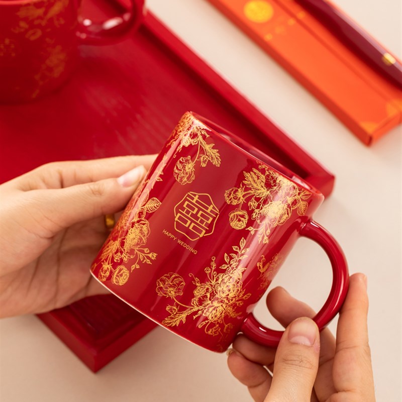 唐呈结婚洗漱杯套装一对新婚情侣刷牙杯子红色陶瓷漱口杯陪嫁用品