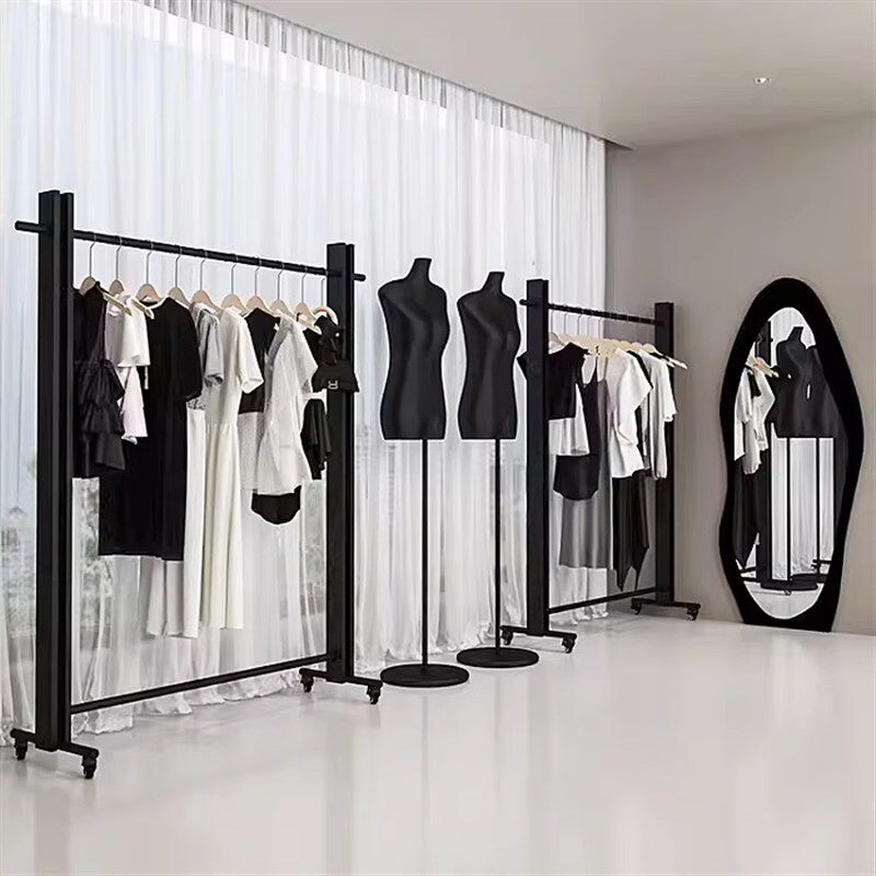 服装店黑色展示架落地式移动带轮子挂衣架男女装店中岛货架陈列架