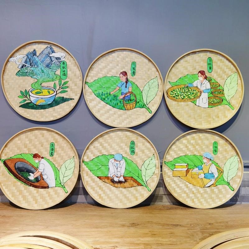 簸箕画手绘竹编茶室背景墙装饰画茶道茶庄挂画茶楼茶馆茶文化墙面