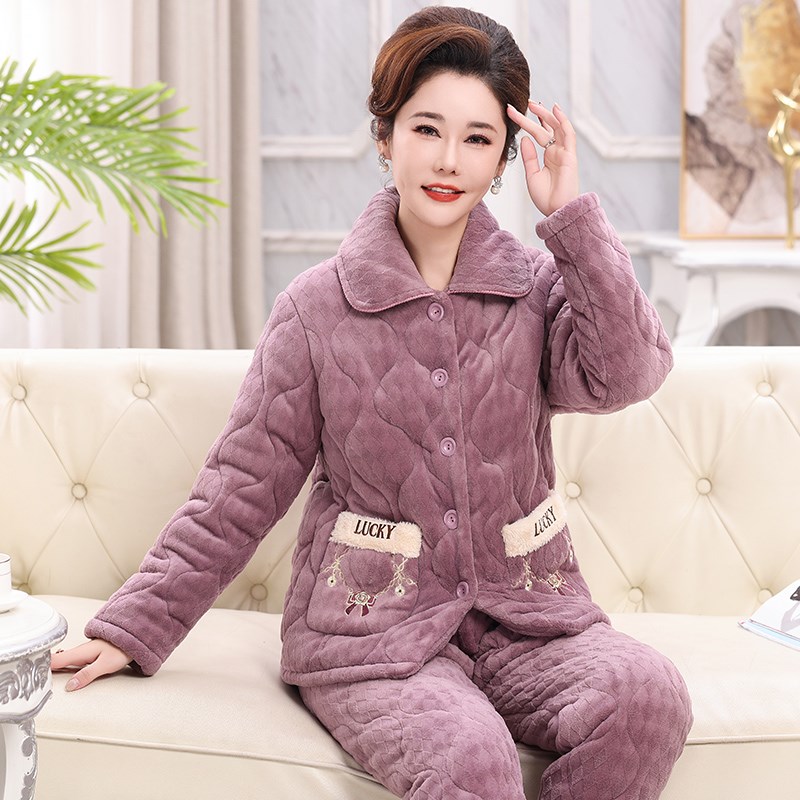 冬季夹棉睡衣女加厚加绒保暖三层棉袄中老年妈妈珊瑚绒家居服套装