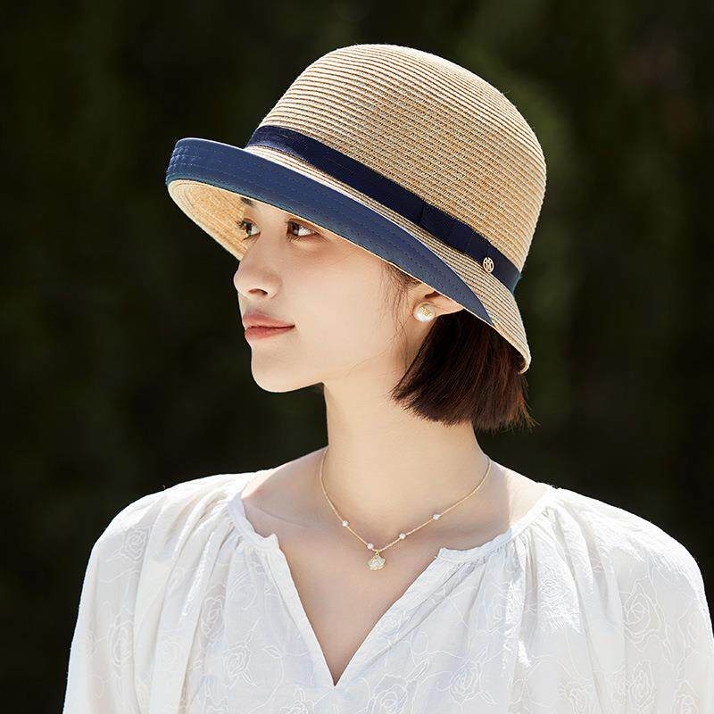 草帽女春夏遮阳帽卷沿防晒帽赫本风百搭盆帽草编织渔夫帽子女士
