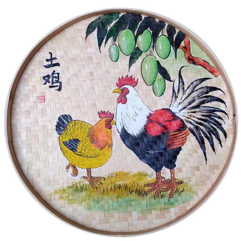 土鸡手绘簸箕画土鸭餐厅农庄装饰金鸡报喜竹编家的味道柴火鸡鹅鱼
