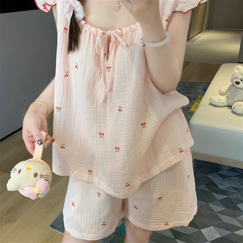 大码樱桃棉纱睡衣套装少女款夏天吊带短裤棉绸家居服2025新款夏季