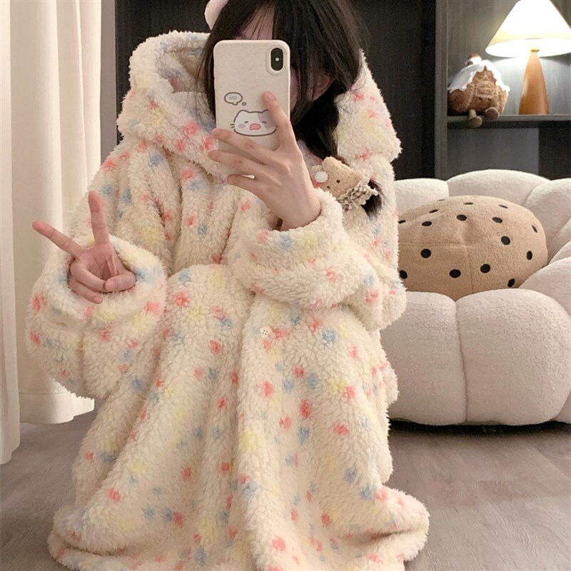 可爱少女珊瑚绒睡袍女冬季加绒加厚家居服套装秋冬天2024新款睡衣