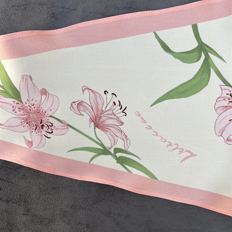 插画师水彩手绘花卉百合花双面印花真丝丝巾发带小长条菱形绑包