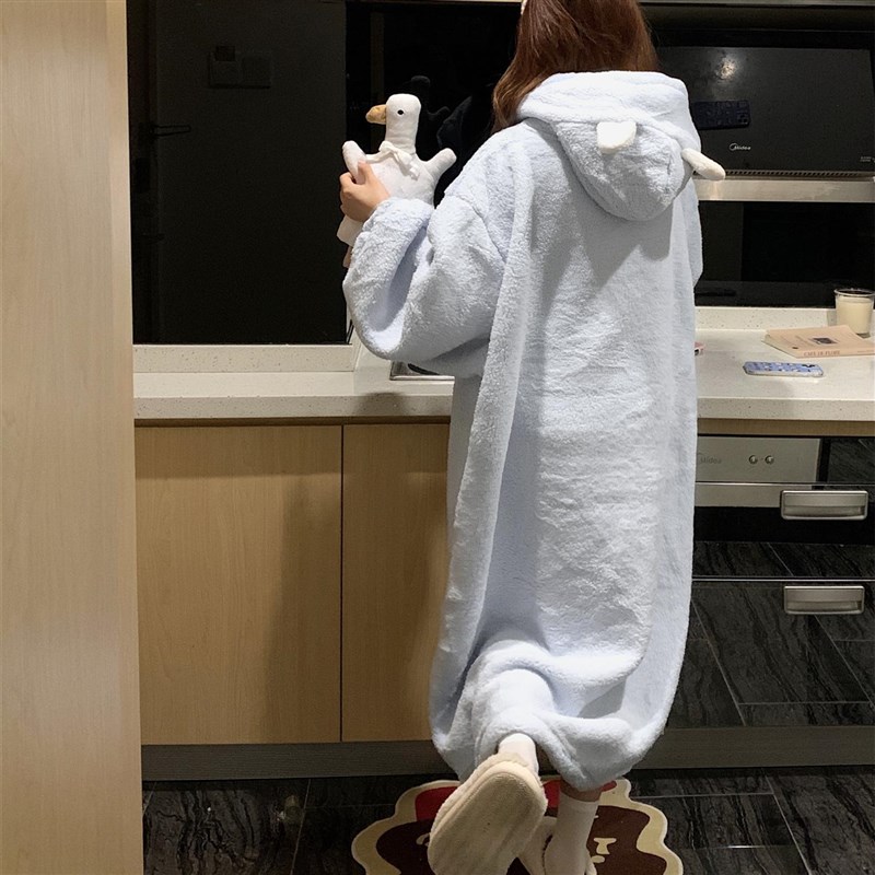 韩版可爱珊瑚绒睡袍女秋冬2024新款加绒加厚睡衣家居服睡裙可外穿