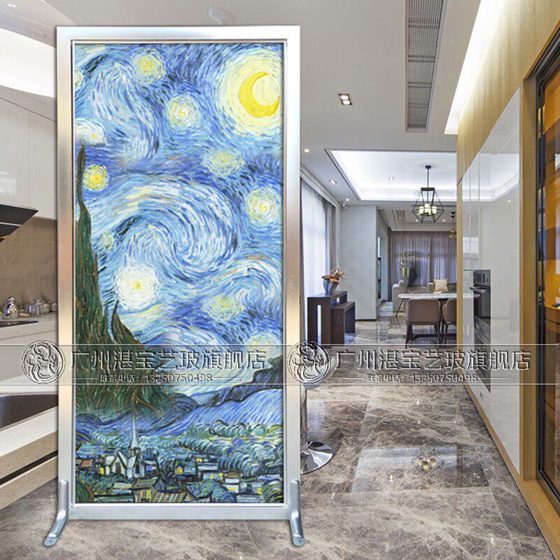 艺术玻璃欧式屏风隔断背景墙柜子玄关过道双面工艺客厅抽象画星空