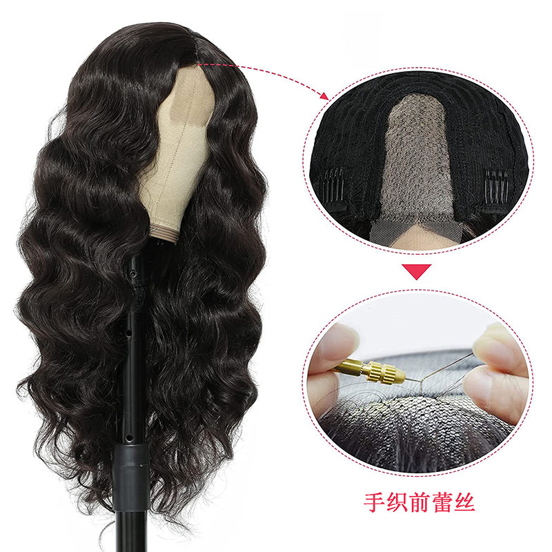 前额小蕾丝假发头套欧美女士大波浪发型黑色前额中分长假发