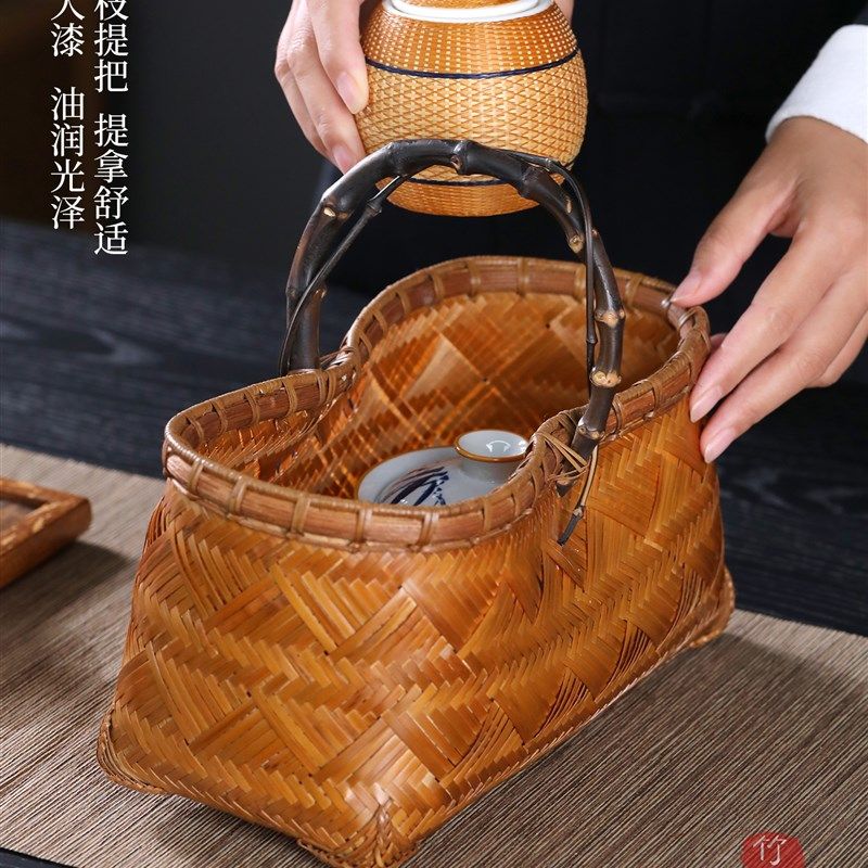 手工竹编提篮提盒紫竹把手果篮大漆竹制收纳食盒茶具点心篮子竹筐