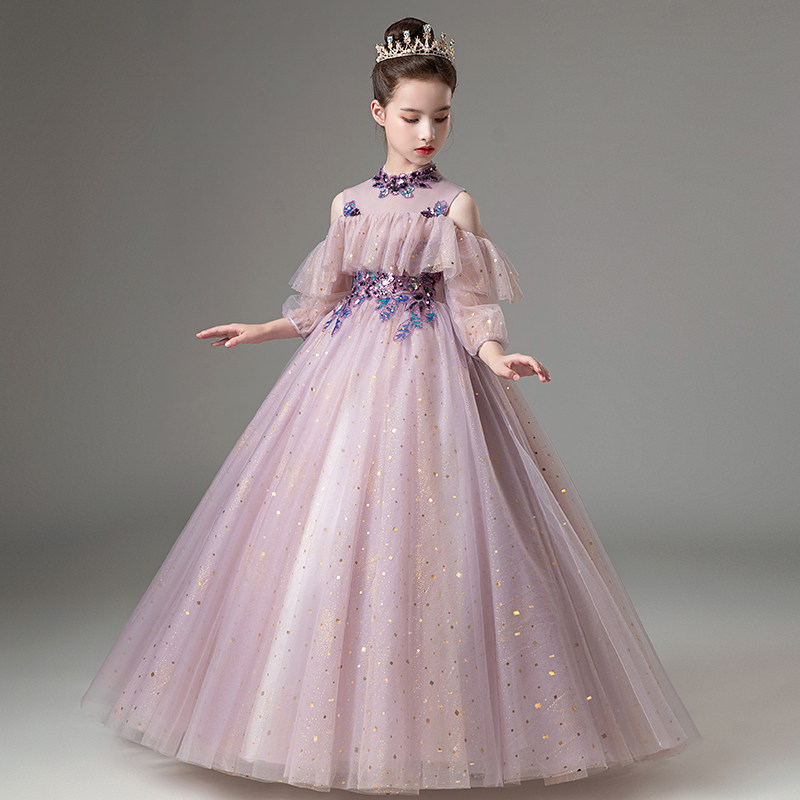 儿童礼服长袖女童生日花童公主裙走秀小女孩主持人钢琴演出服秋冬