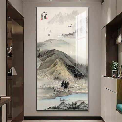 入门新中式玄关装饰画走廊过道尽头山水字画办公室竖版挂画墙壁画