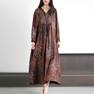 兮风轻奢文艺真丝连衣裙长袖 宽松垂感显瘦大摆长裙25春夏 V领大码