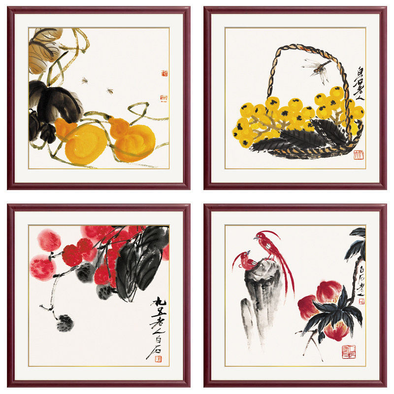 新中式客厅装饰画玄关实木有框画茶室餐厅壁画瓜果挂画齐白石国画