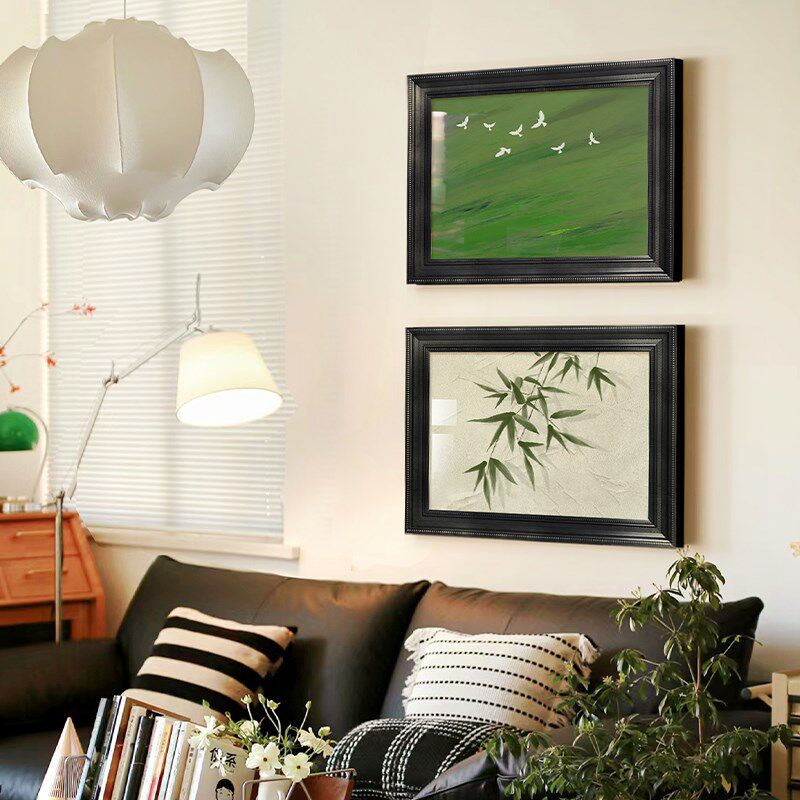 法式中古风竹子玄关挂画绿色沙发背景墙装饰画小众艺术奶油风壁画