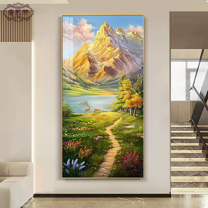 入户玄关装饰画2024年新款走廊过道挂画正对门山水画高端手绘油画