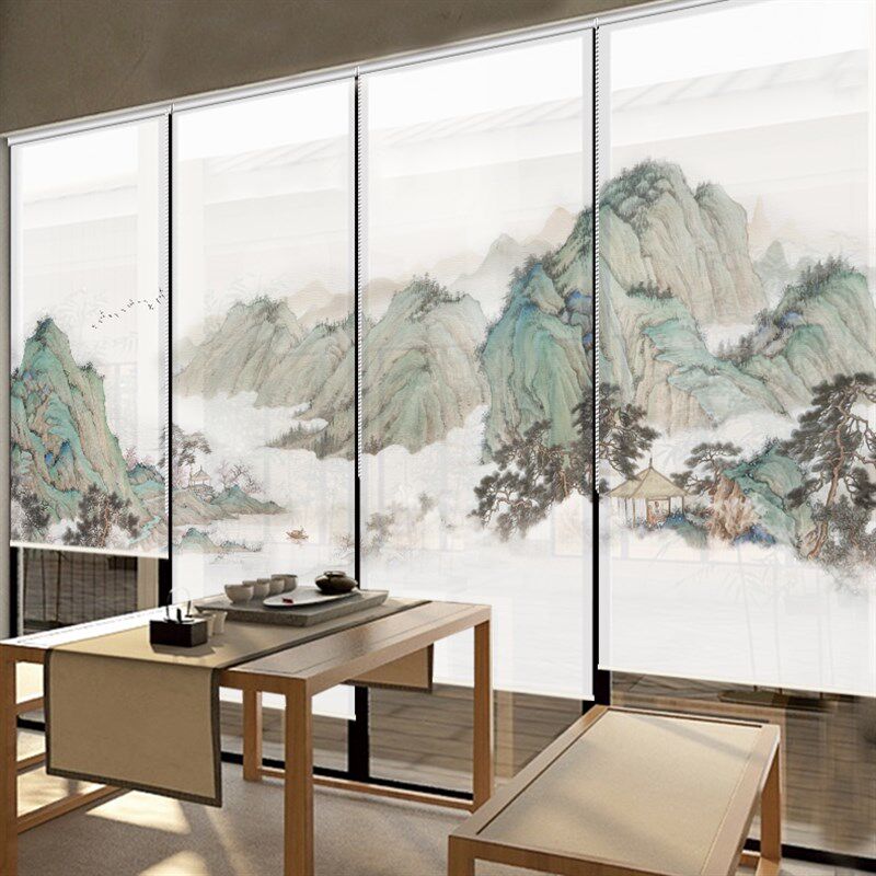 新中式山水卷帘禅意水墨帘半透明纱帘软隔断客厅办公室定制窗帘