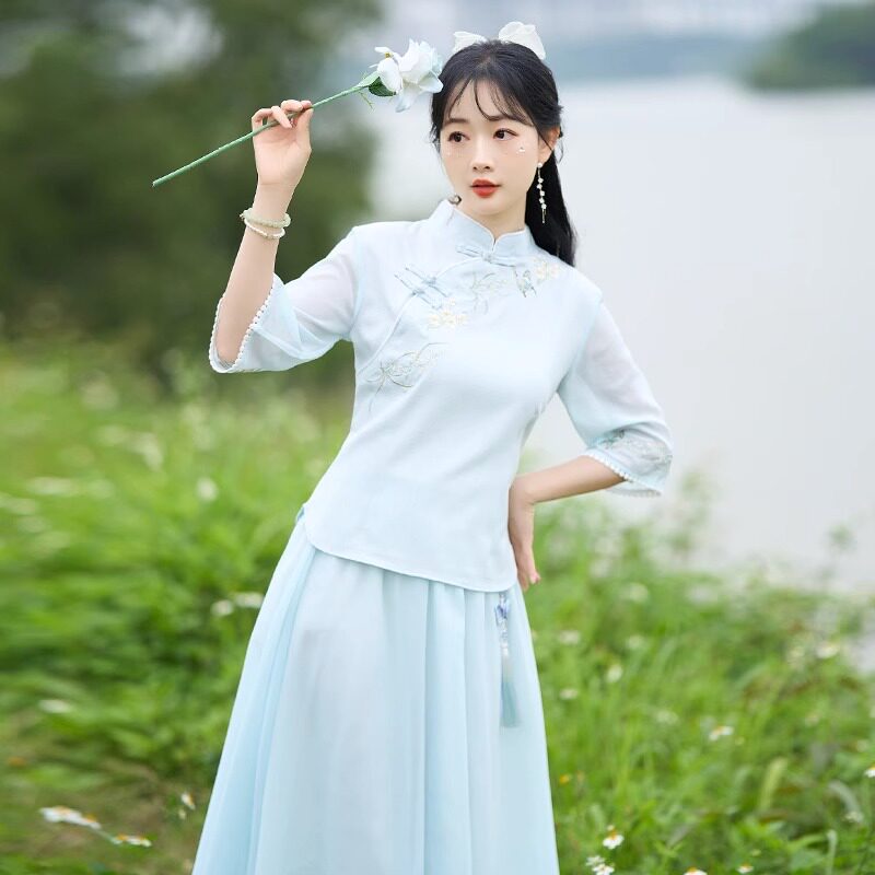 新中式日常汉服套装女夏季新款国风学生改良旗袍上衣半身裙两件套