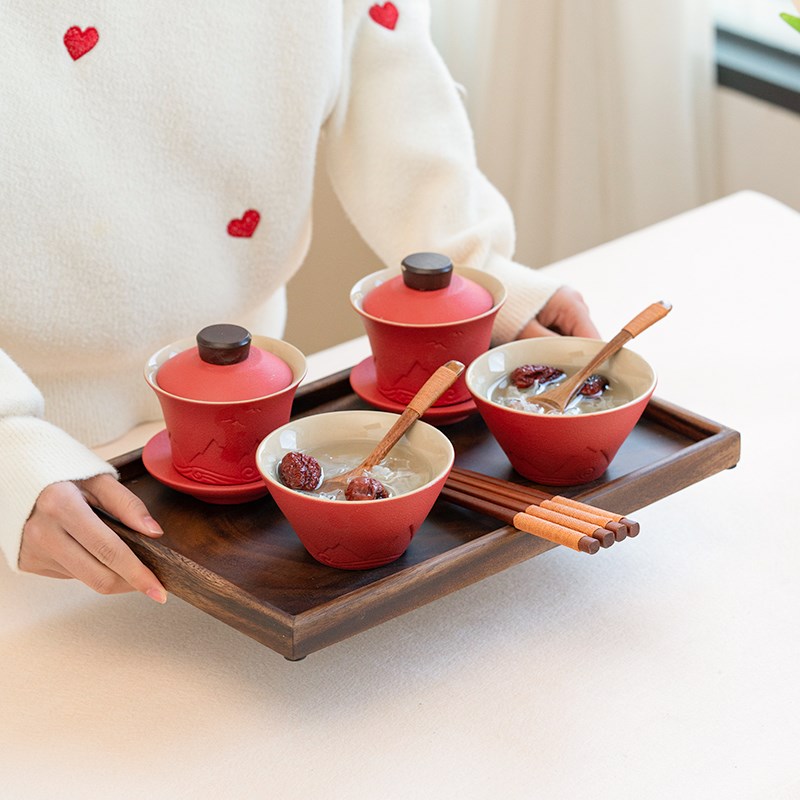 仲夏知己结婚敬茶杯喜碗筷套装一对婚礼陪嫁敬酒改口喜杯陶瓷对碗