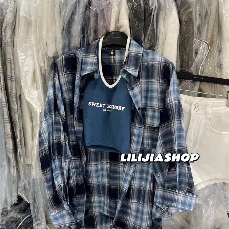 MIDO家 幂式穿搭格子衬衫防晒开衫吊带背心两件套女夏防晒衣套装