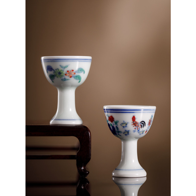 云见清玩 茅子杯 纯手工手绘 鸡缸杯 迷你小高足成化斗彩鸡高足杯