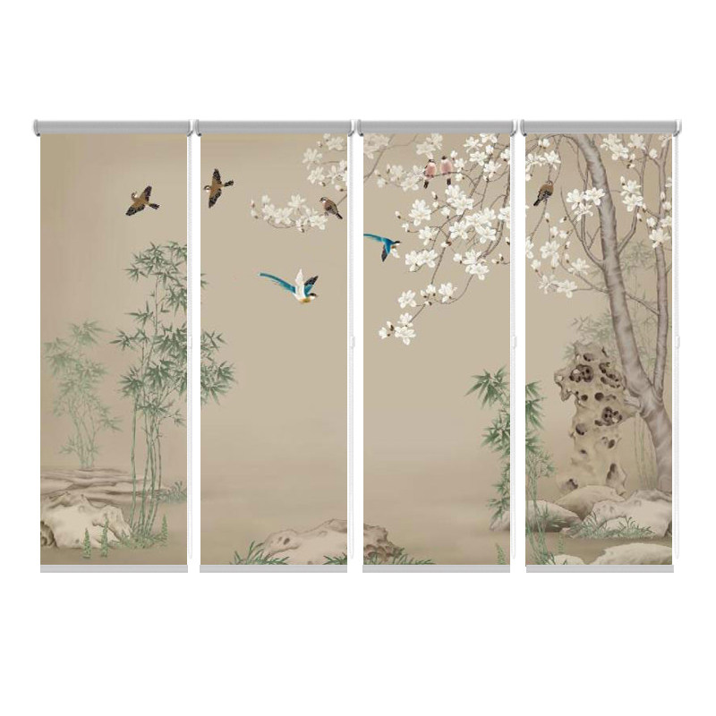 新中式透明卷帘窗帘屏风帘隔断帘挂式升降遮光帘子软隔断玄关花鸟