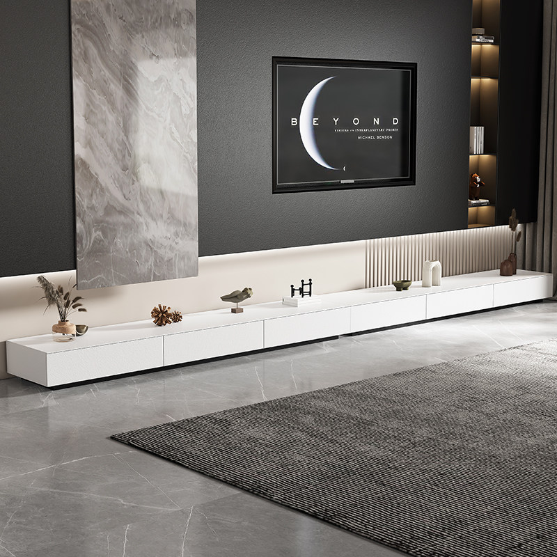 奶油风纯白色岩板电视柜茶几小户型客厅家具黑色岩板地台极简轻奢