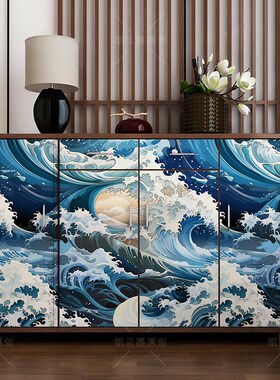 复古蓝色海浪装饰客厅小柜子墙纸翻新斗柜改造家具贴纸自粘防水