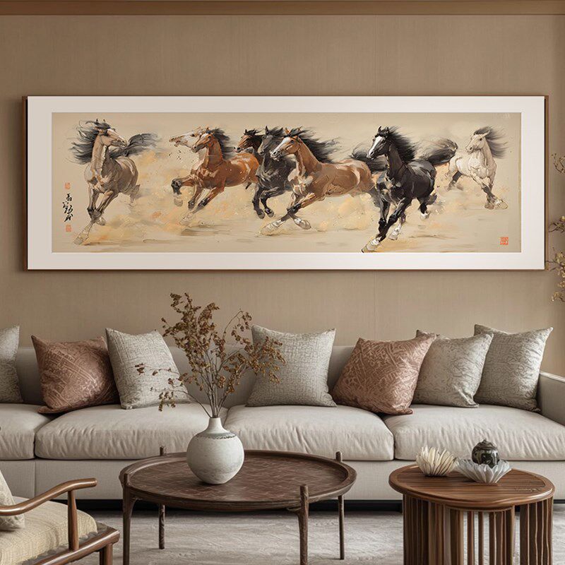 马到功成办公室装饰画中式客厅沙发背景墙八骏图挂画八马图国画