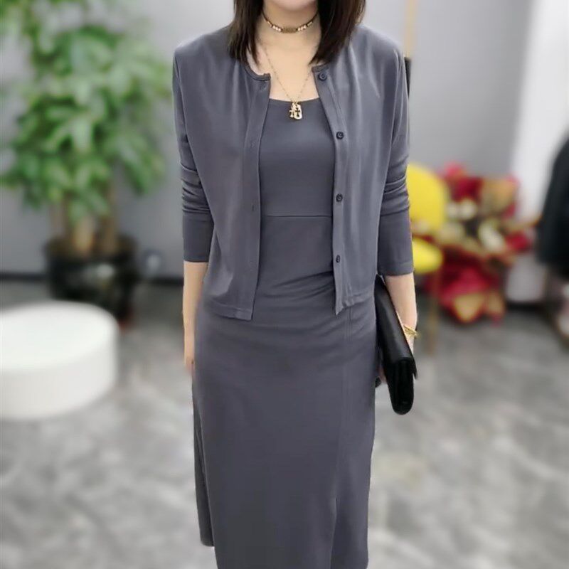 时尚薄款长袖外套开叉连衣裙包臀时尚两件套装2023年夏季新款女装