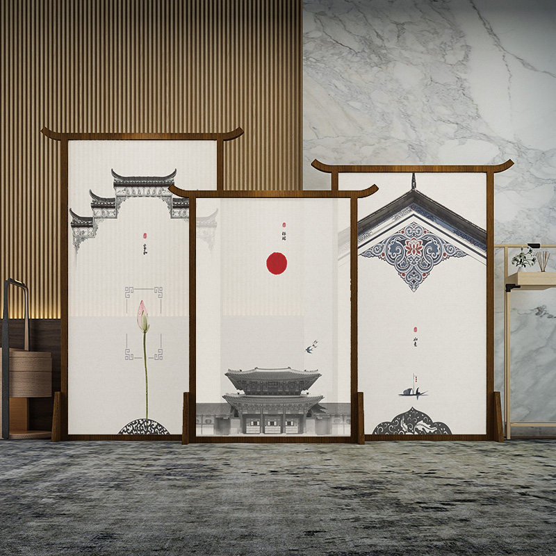 新中式组合座屏屏风实木移动隔断挡客厅入户禅意装饰玄关马头墙