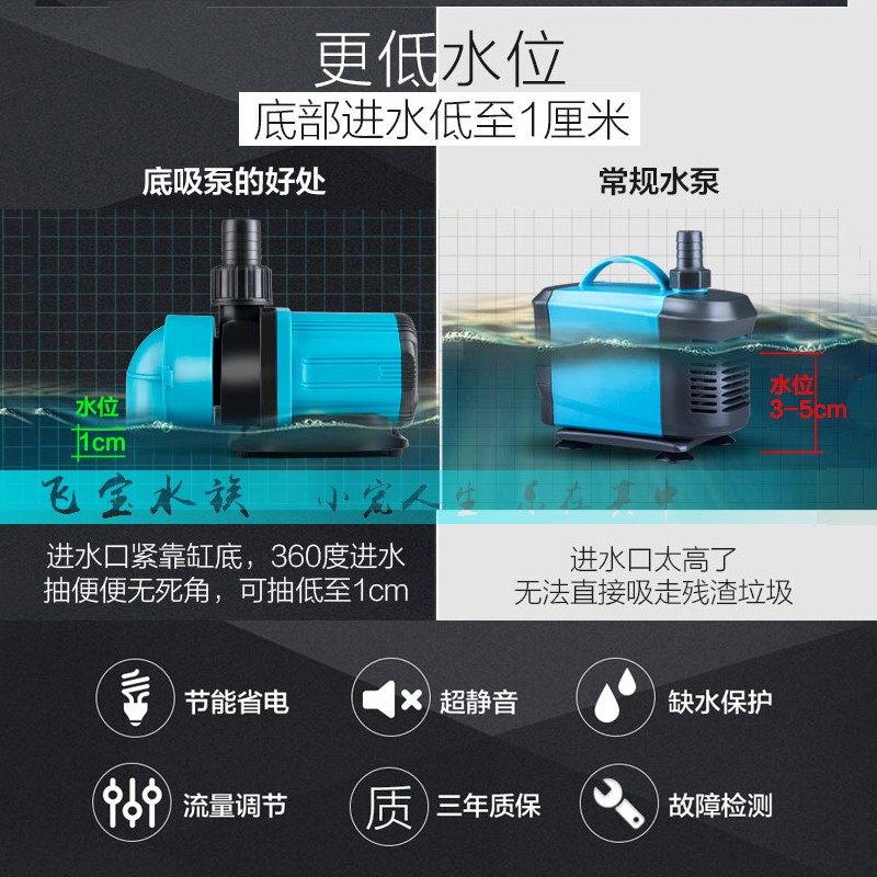创宁变频水泵底吸泵超静音吸粪上滤40小型水陆两用低吸鱼缸潜水泵