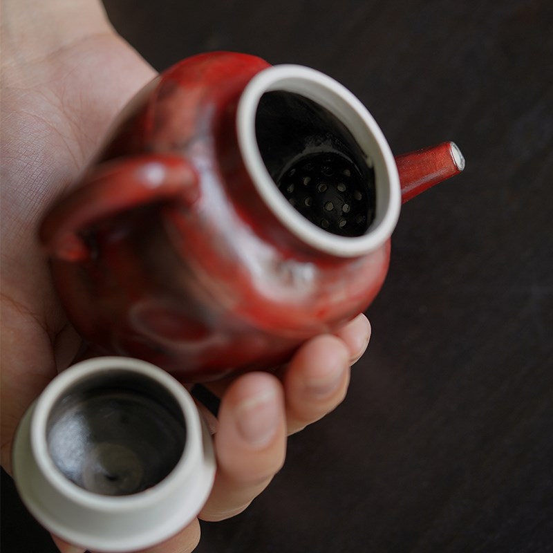 山楂红侘寂风粉引茶壶家用茶水分离过滤泡茶壶功夫茶具粗陶壶
