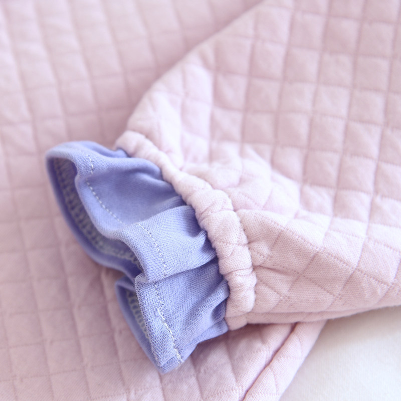 设计师儿童秋冬纯棉空气层女童睡衣裤套组加厚夹层紫猫咪翻领家居