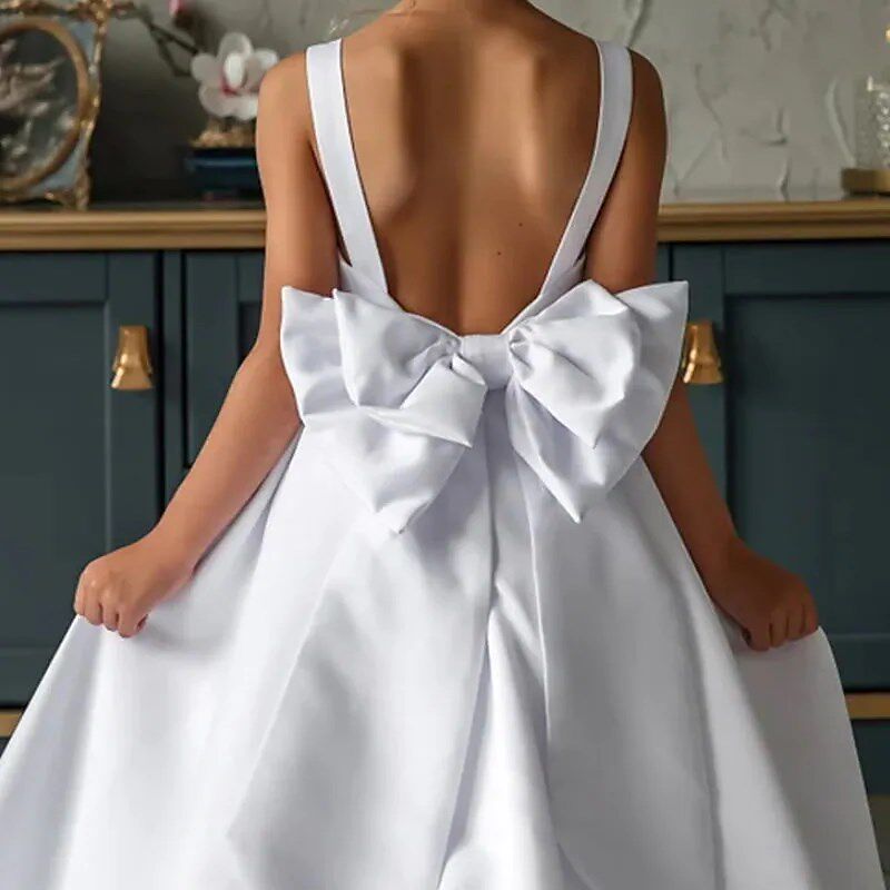 高端女大童小提琴演出钢琴演奏公主裙儿童舞台走秀白色拖尾晚礼服