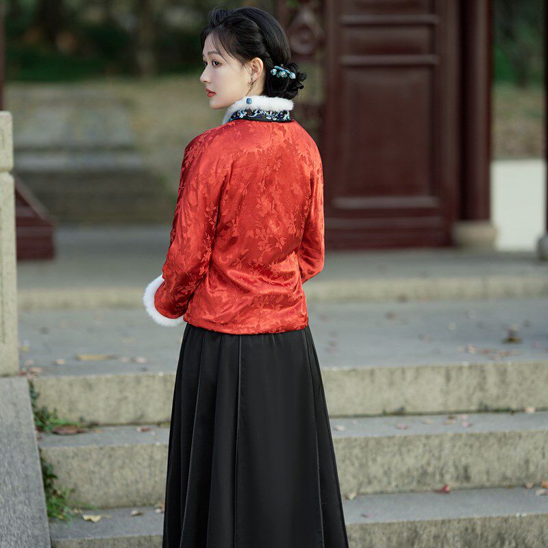 绮瑶 秋冬禅意女装小棉服中式交领汉服真人丝提花茶服短款棉衣袄