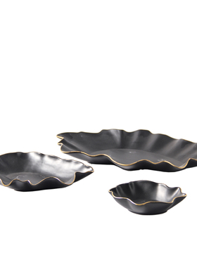 新中式黑色描金荷叶边陶瓷果盘装饰摆件家居样板间酒店托盘收纳盘