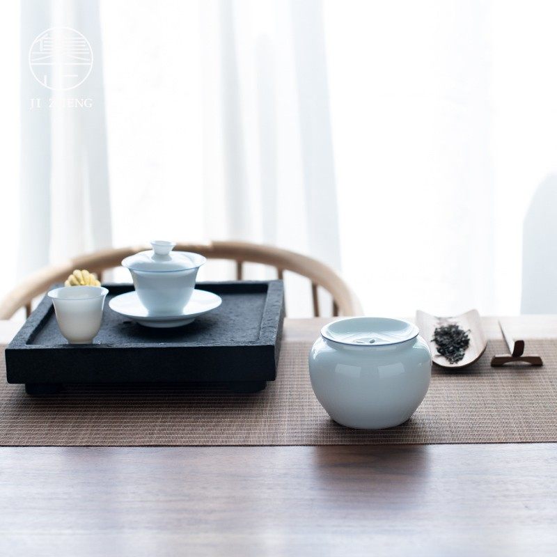 集正 甜白蓝边建水干泡茶水盂 陶瓷茶渣桶茶菜茶余收集罐茶道零配