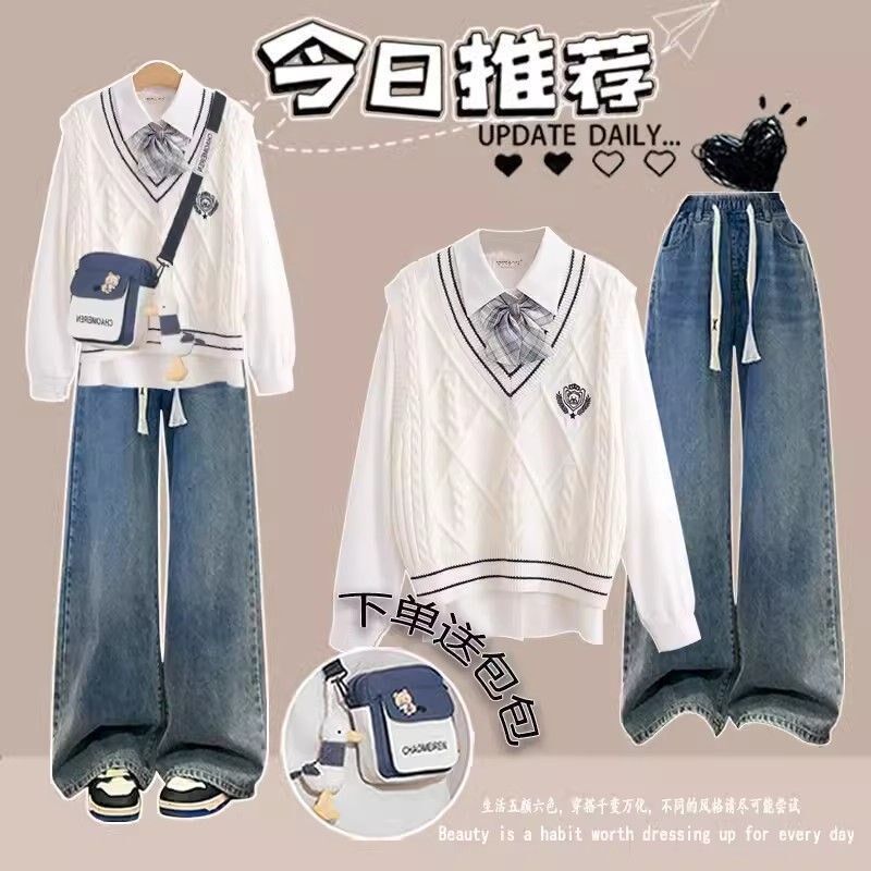 11到13一15岁大童女装春季套装初中学生少女衬衫马甲裤子三件套潮
