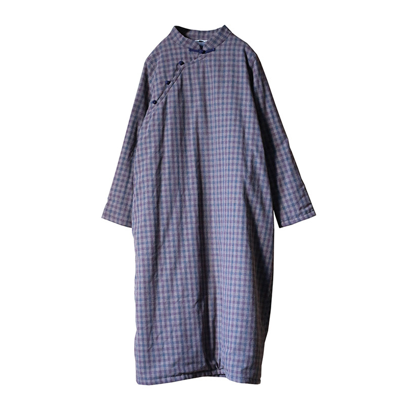 【岁月悠香】蓝咖色织格子夹棉袍长棉衣冬裙复古中式宽松旗袍茶服