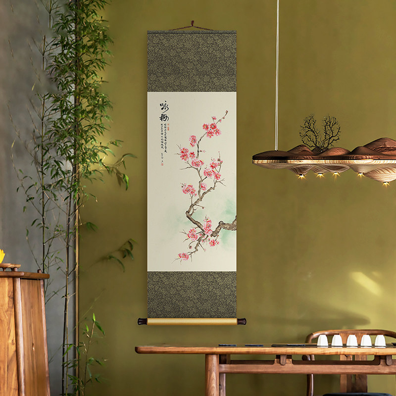 花鸟新中式丝绸卷轴挂画书房玄关招财装饰画客厅餐厅过道背景墙画