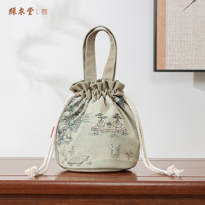 彩衣堂国风复古古画束口袋手提手拎女手机遛弯收纳水桶包文创礼物