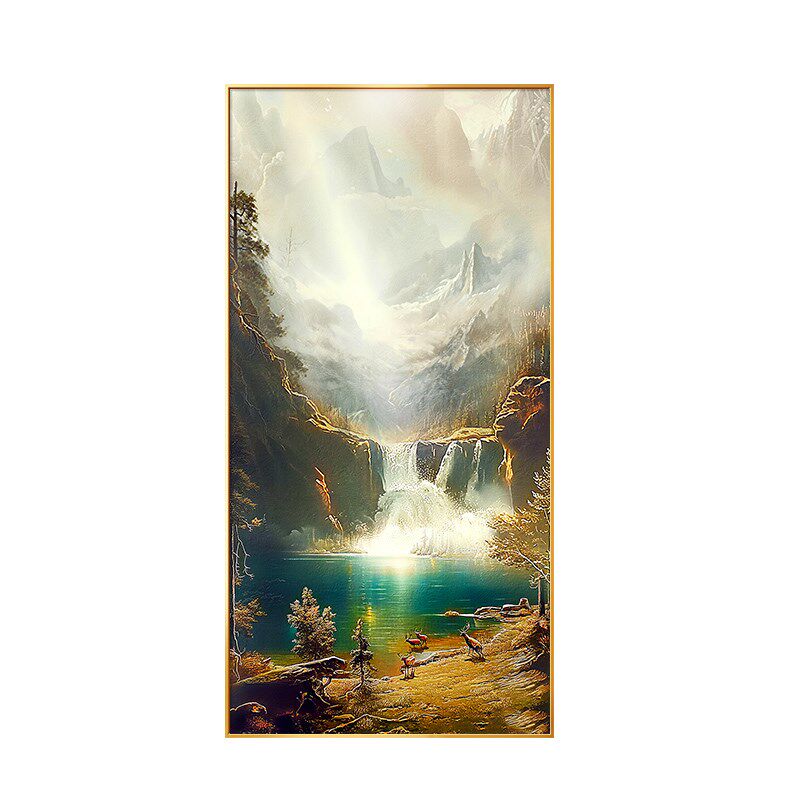 山水油画竖版入户玄关装饰画美式客厅挂画欧式走廊风景壁画聚宝盆