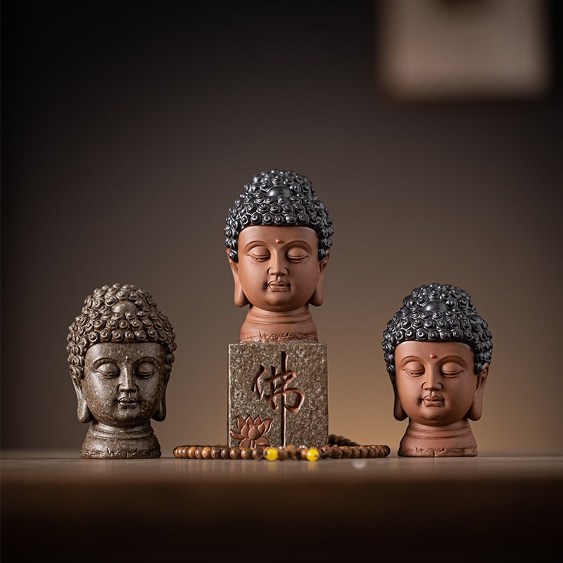 中式陶瓷佛头佛首禅意小摆件家居玄关工艺品鱼缸造景如来佛像装饰